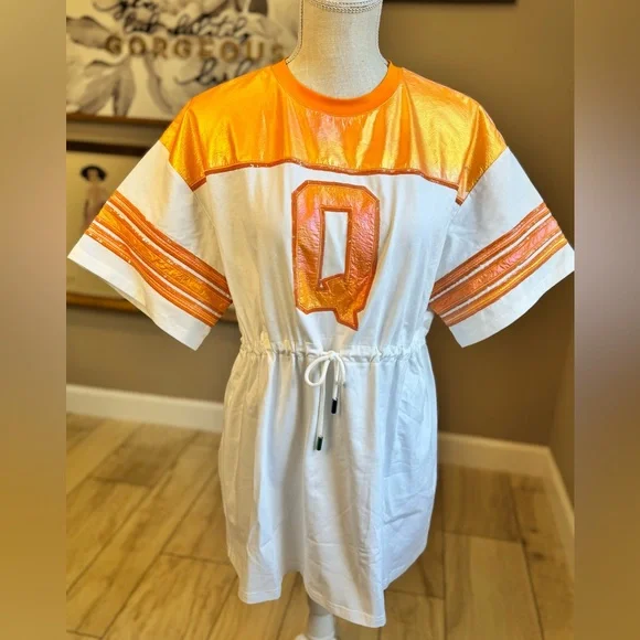 New! QUEEN OF SPARKLES Metallic Q Jersey Tie Short Sleeve Dress
